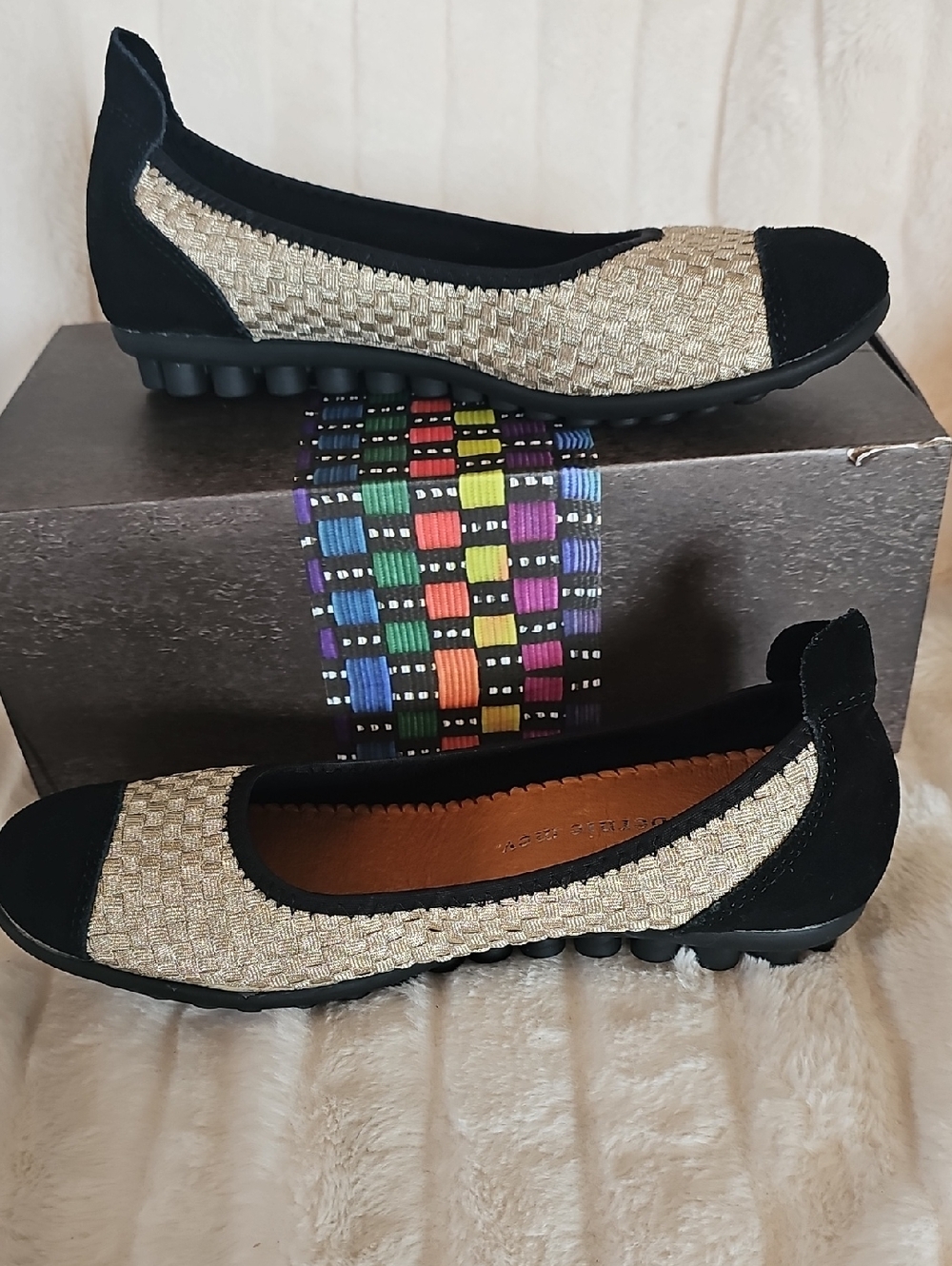 bernie mev. Gold Woven Ballet Flats with Black Trim